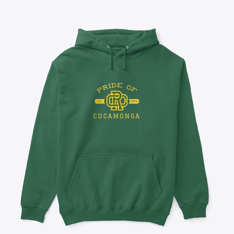 green hoodie with logo on front