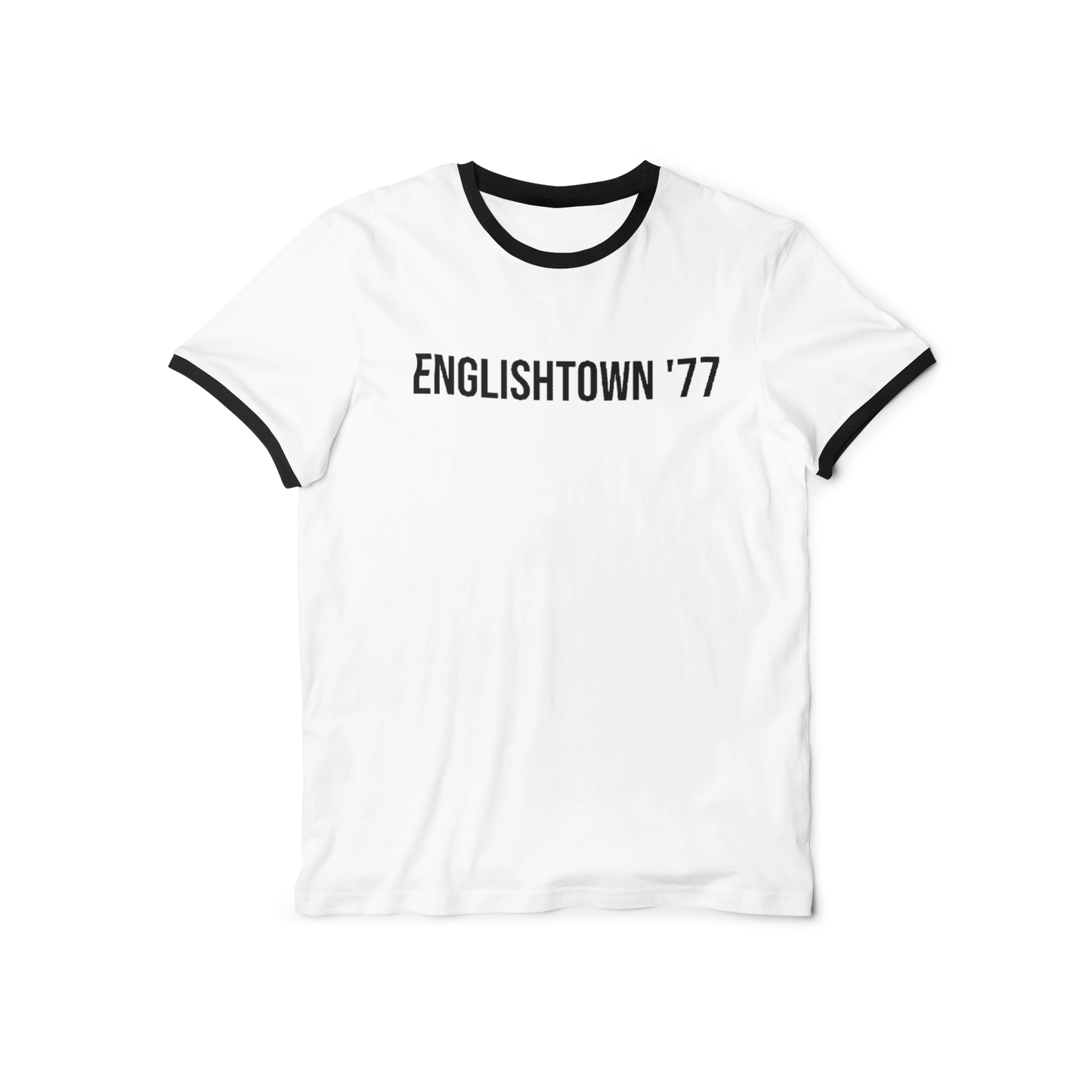 A white crew neck t-shirt with the text 'Englishtown 77' printed in black on the front.