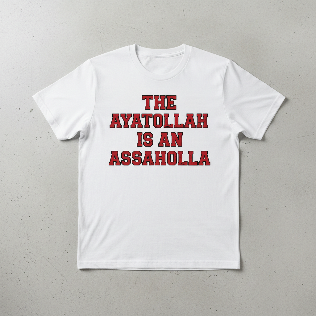 Vintage style t-shirt featuring bold Ayatollah Assaholla political satire design from 1979 with classic retro typography and hand screen printed graphics celebrating historical humor