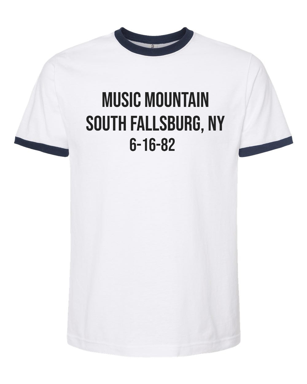 Jerry Garcia Band Music Mountain 1982 concert design from South Fallsburg, New York, printed on the front of a white and black ringer T-shirt.