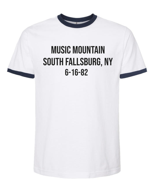 Jerry Garcia Band Music Mountain 1982 concert design from South Fallsburg, New York, printed on the front of a white and black ringer T-shirt.
