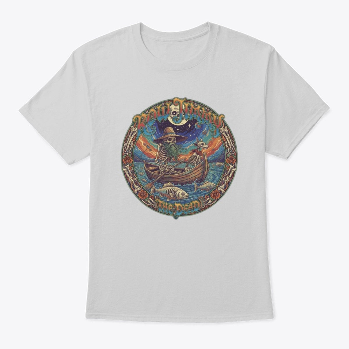 White t-shirt with a colorful graphic design on a white background