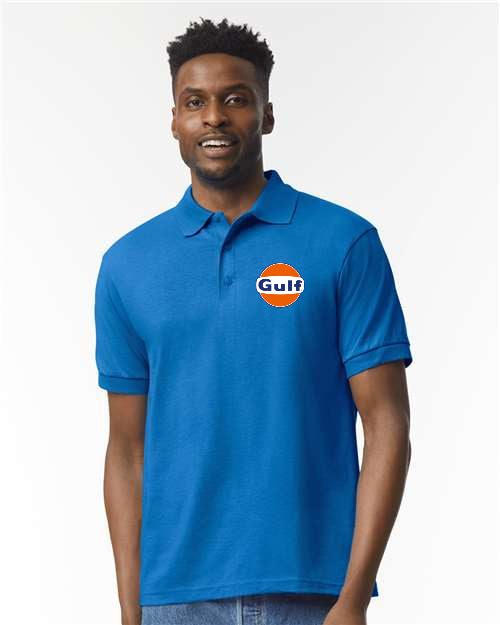 Classic vintage Gulf Oil logo polo shirt featuring a bold orange and blue printed logo on the front, shown against a clean background.