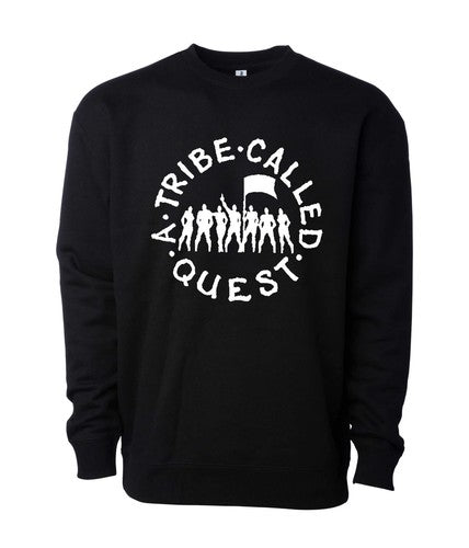 A Tribe Called Quest design hand screen printed on a classic crewneck fleece sweatshirt, shown from the front.