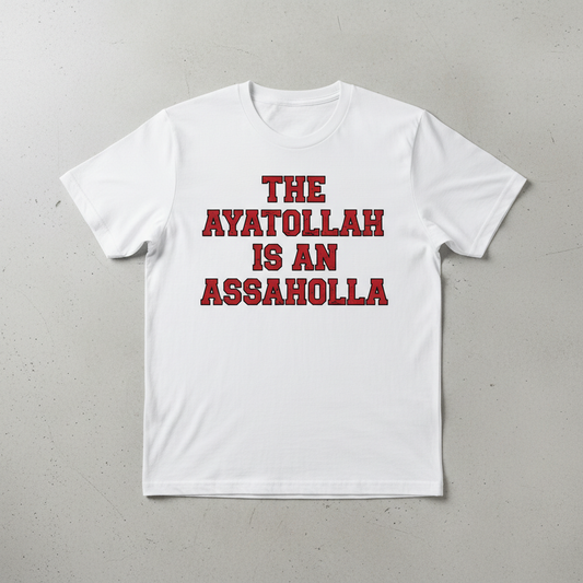 Vintage style t-shirt featuring bold Ayatollah Assaholla political satire design from 1979 with classic retro typography and hand screen printed graphics celebrating historical humor