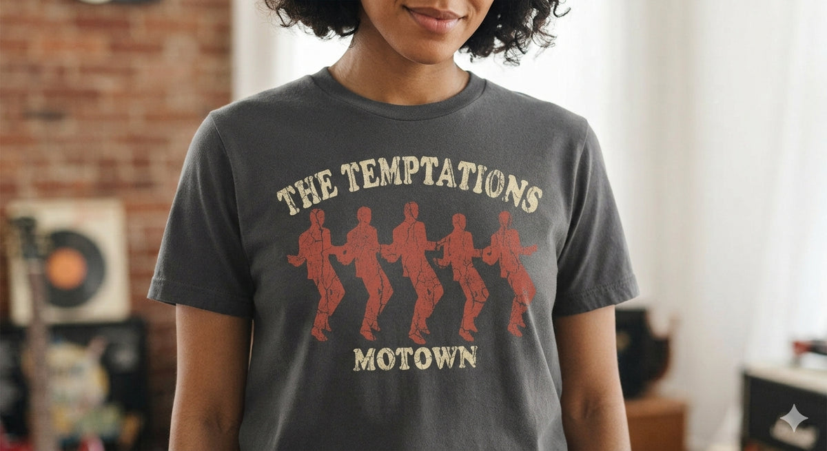 The Temptations vintage-style T-shirt with a distressed print celebrating the Motown vocal group.