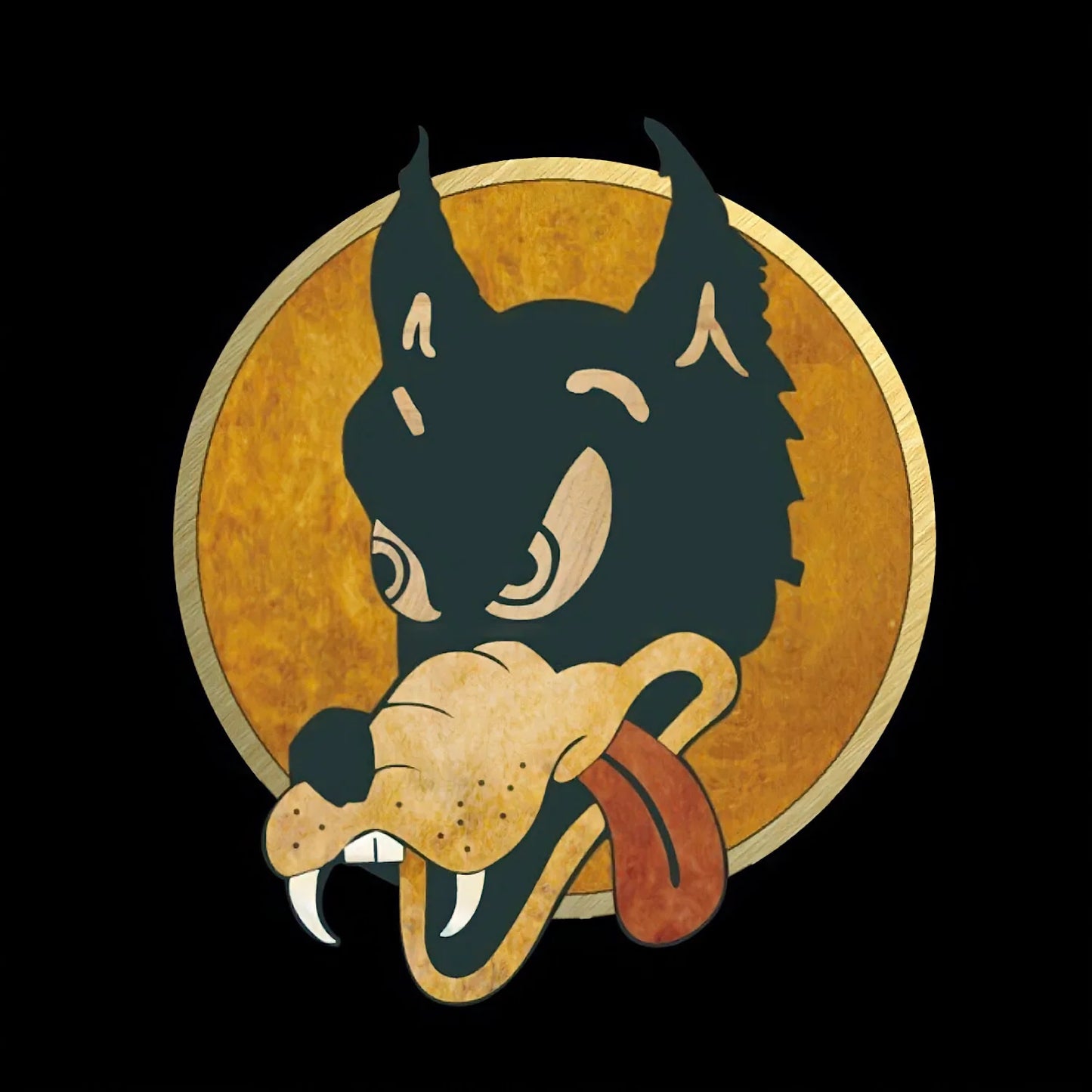 Close-up of vintage Jerry Garcia Wolf Guitar screen printed design showing a snarling wolf on a gold circular badge on black background