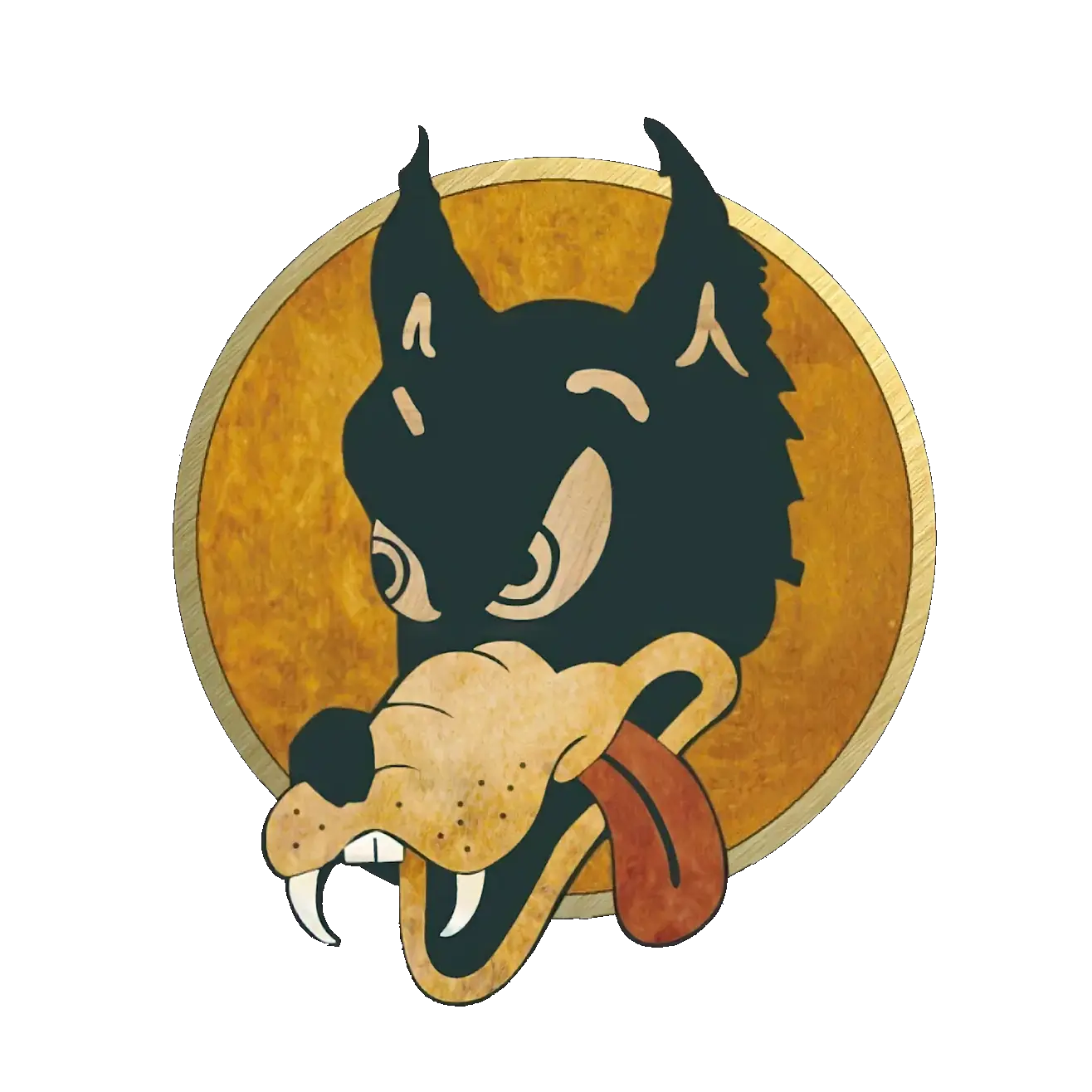 Vintage hand screen printed Jerry Garcia Wolf Guitar design featuring a snarling wolf on a gold circular badge