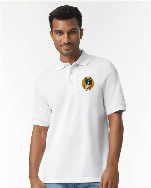  Jerry Garcia Wolf Guitar polo golf shirt in white with vintage hand screen printed Wolf design on chest from Rockviewtees