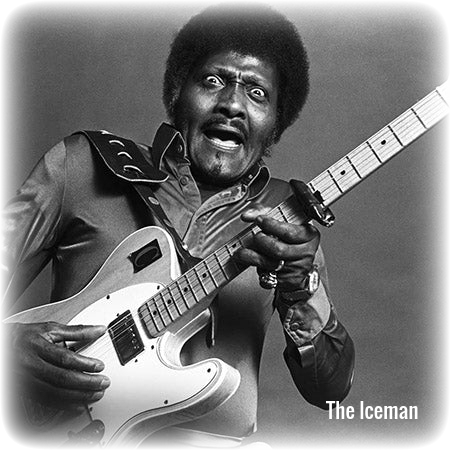 Close-up of the black-and-white Albert Collins design showing him playing his guitar with an expressive face and “The Iceman” lettering in the lower right corner.