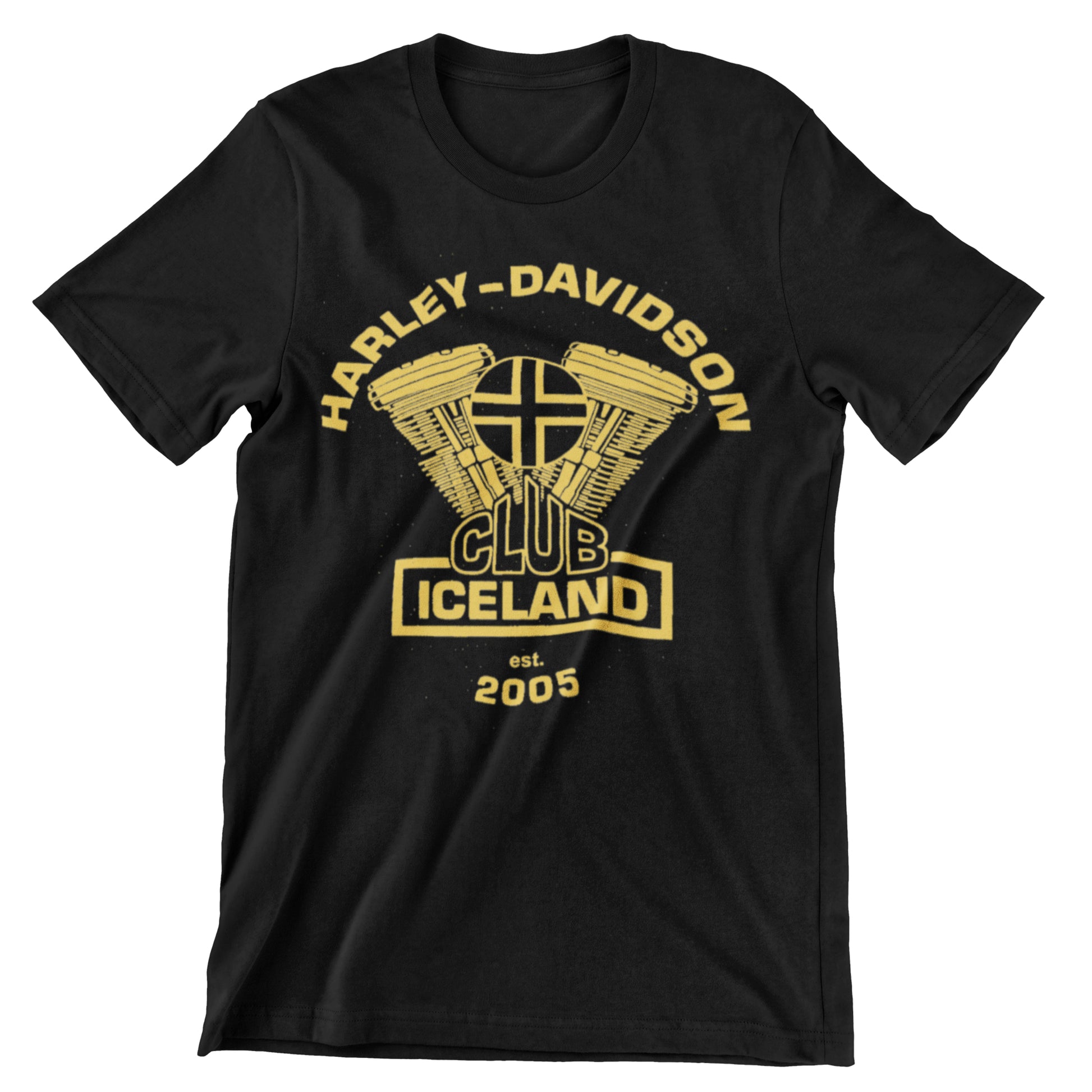 Black t-shirt with yellow Harley-Davidson Club Iceland logo on a white background