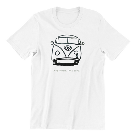 Jerry Garcia VW bus t-shirt displayed on minimalist surface featuring vintage psychedelic Grateful Dead artwork with iconic Volkswagen bus design celebrating the legendary touring culture of Deadheads