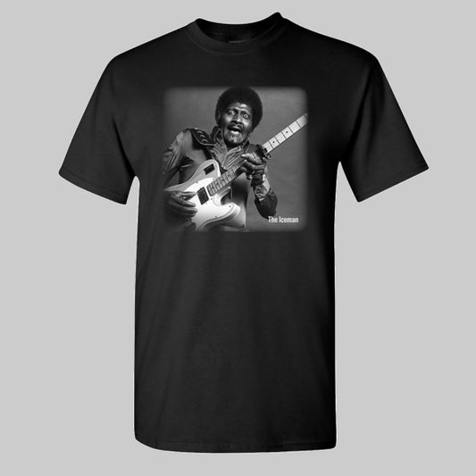 Black Albert Collins t-shirt featuring a front black-and-white portrait of the blues guitarist playing his guitar, with “The Iceman” lettering beside him.