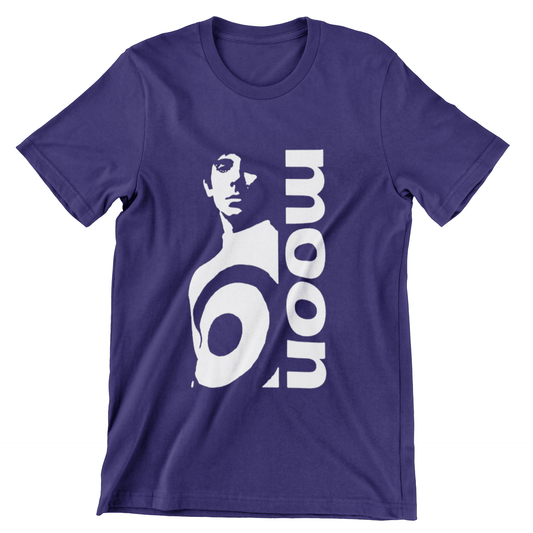  Front view of a black t-shirt featuring a vintage hand screen printed design of Keith Moon Moon the Loon with classic rock graphics celebrating The Who's legendary drummer