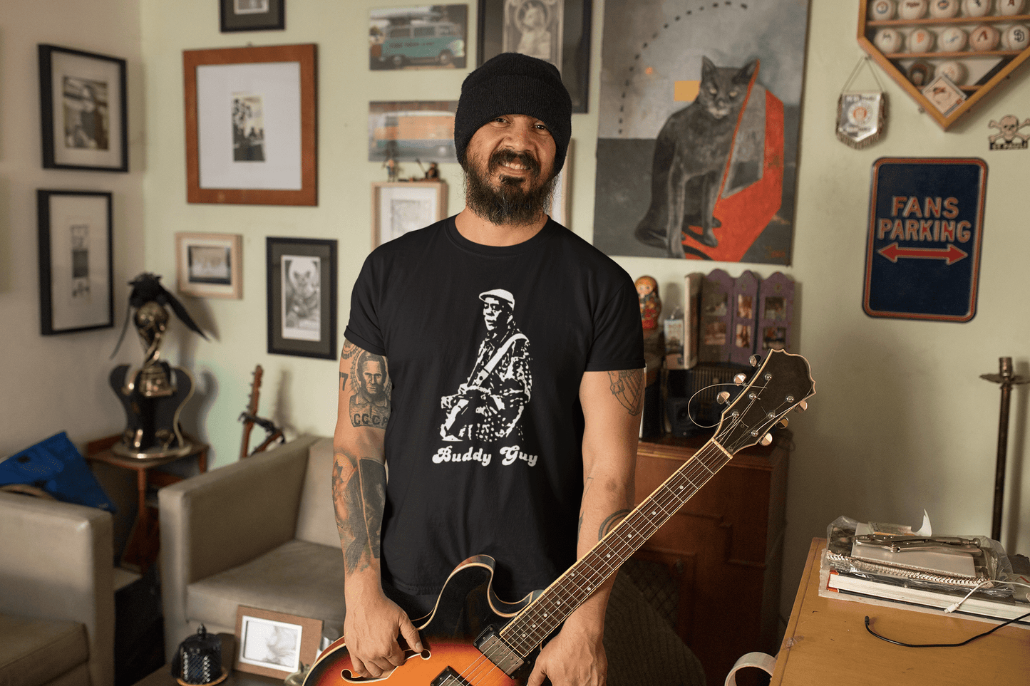 Close-up detail of Buddy Guy vintage blues t-shirt showcasing the polka dot design and premium fabric celebrating the legendary Chicago blues guitarist
