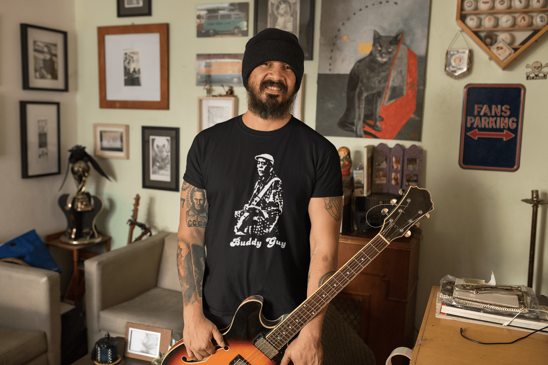 Close-up detail of Buddy Guy vintage blues t-shirt showcasing the polka dot design and premium fabric celebrating the legendary Chicago blues guitarist