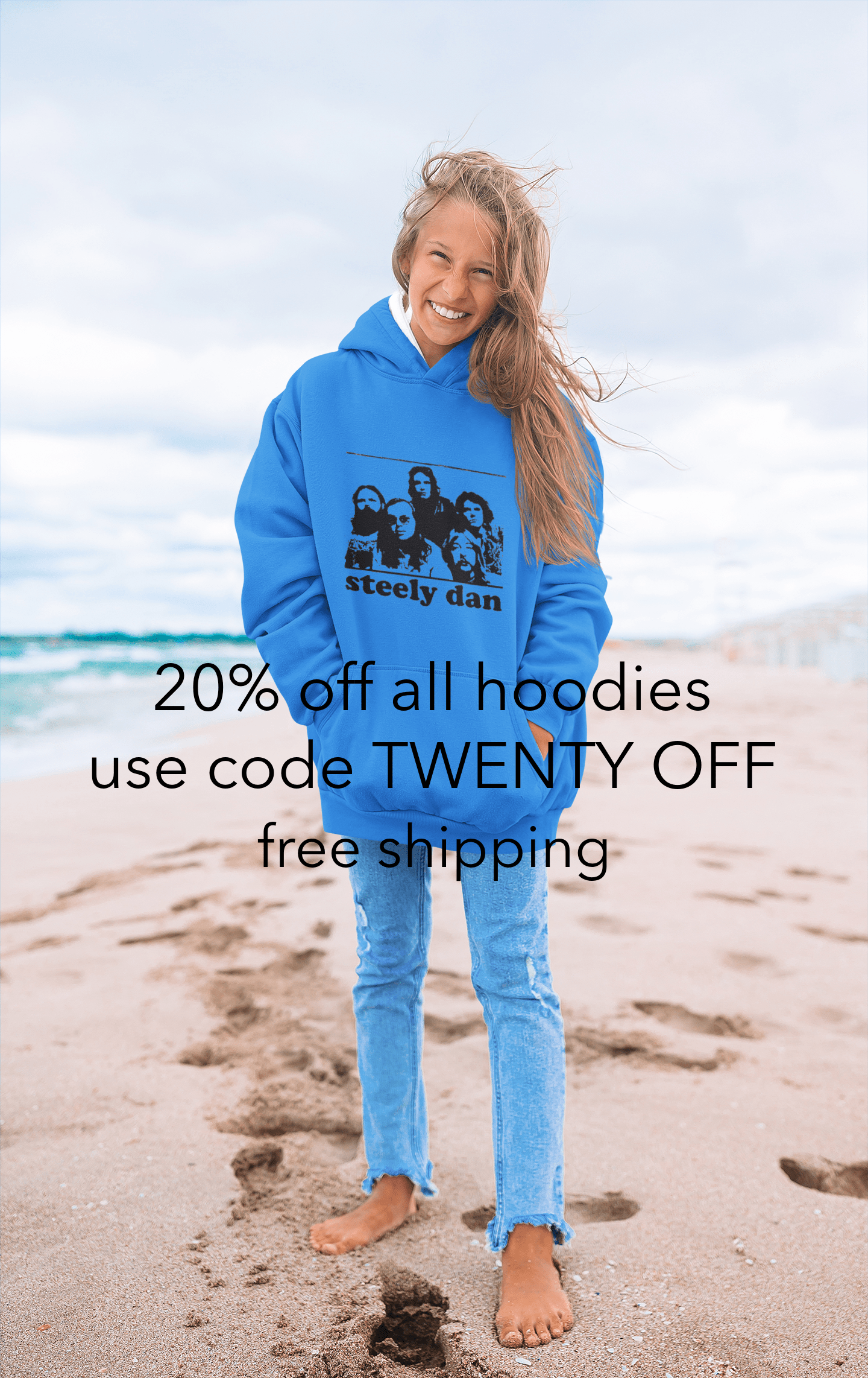 Front view of Steely Dan group photo pullover hoodie featuring vintage hand screen printed jazz rock design celebrating Donald Fagen and Walter Becker's legendary duo