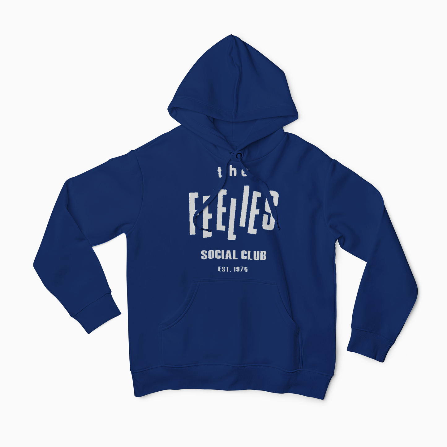 Front view of The Feelies Social Club pullover hoodie featuring vintage hand screen printed indie rock design celebrating the legendary Hoboken underground band